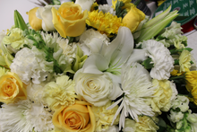 Load image into Gallery viewer, Norma's Yellow and White Casket Spray Arrangement