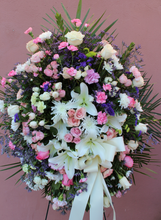 Load image into Gallery viewer, Norma's Purple and Pink Standing Spray Arrangement