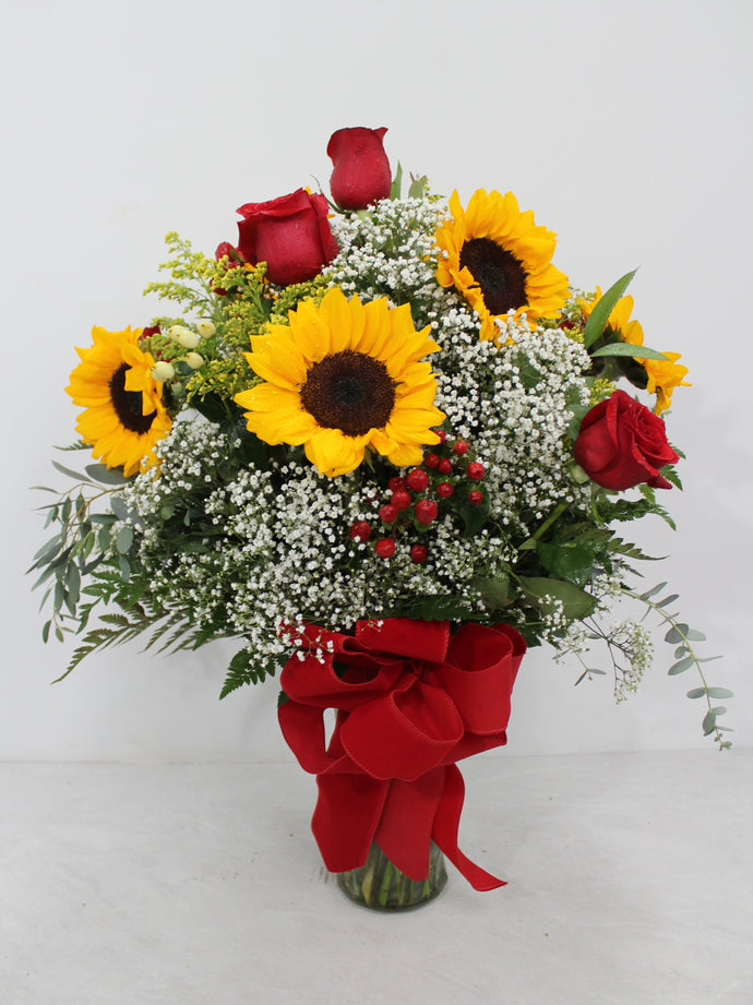 Red Rose & Sunflower Vase Arrangement