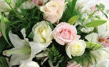 Load image into Gallery viewer, Norma&#39;s White and Pink Casket Spray Arrangement
