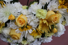 Load image into Gallery viewer, Norma&#39;s Yellow and White Open Heart Standing Arrangement
