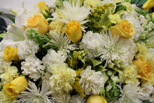 Load image into Gallery viewer, Norma&#39;s Yellow and White Casket Spray Arrangement

