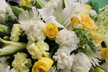 Load image into Gallery viewer, Norma&#39;s Yellow and White Casket Spray Arrangement
